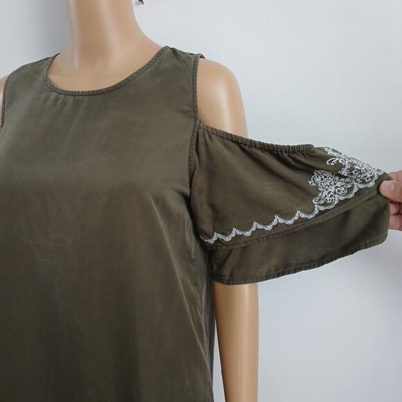 Signature Studio Women's Medium Cold Shoulder Dress Beachy Boho Peasant Green - Picture 6 of 11